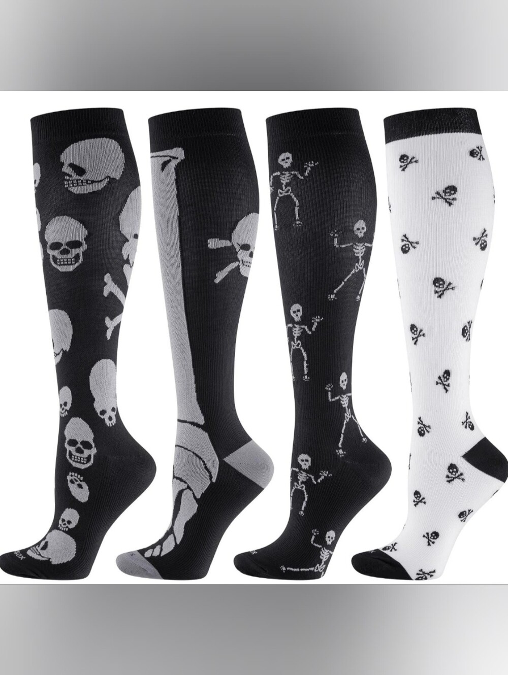 Skull & Skeleton Knee-High Socks - Pack of 10(Black & White)